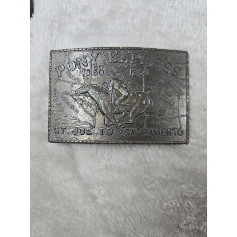 Pony Express Belt Buckle St. Joe to Sacramento Brass Vintage 3.5" Rodeo Cowboy